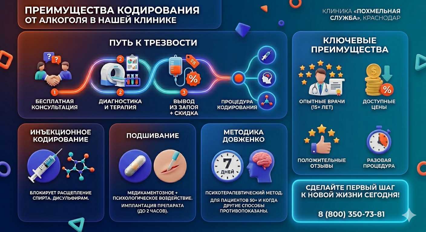 Инфографика о методах кодирования от алкоголя в Бахчисарае: инъекции, подшивание, метод Довженко. Преимущества клиники и этапы лечения.
